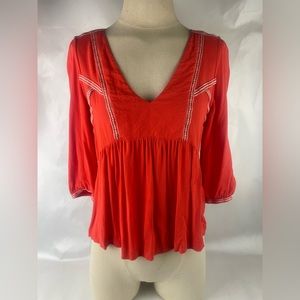 Ba&sh Red Embroidered Top/ Blouse 3/4 Sleeve Sz XS